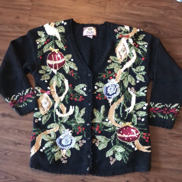 Vintage Tiara Knit Holiday Cardigan Sweater Button Front Ribbon Beads Large L - Picture 1 of 16